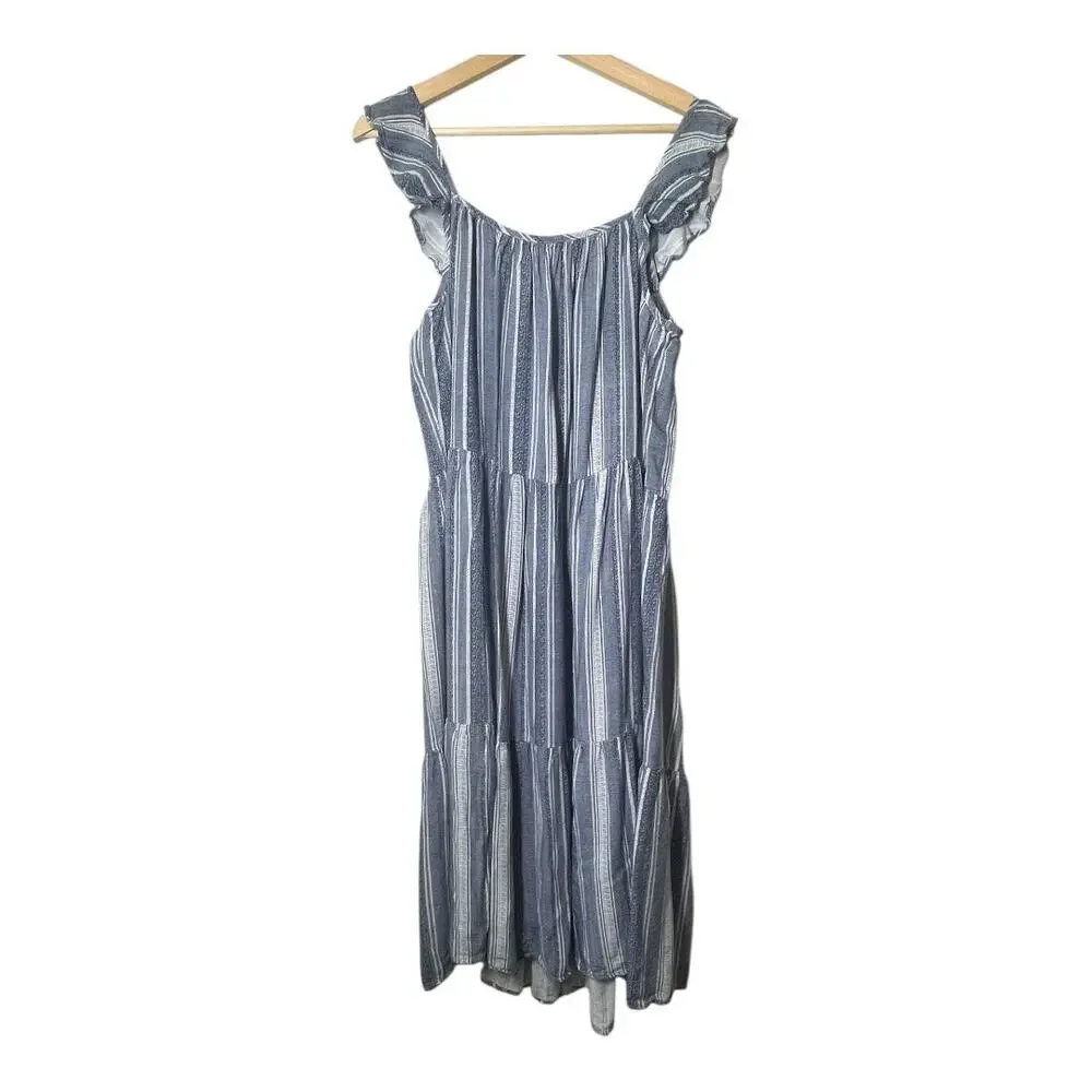 Ecothreads Blue Tiered Striped Dress Boho Cottage Size XL Ruffle Sleeve Midi